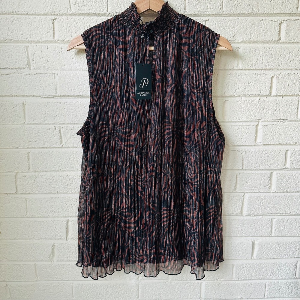 Adrianna Papell Plisse Mock Neck Top Copper Black Animal Print XL NWT Mobwife - Picture 7 of 8